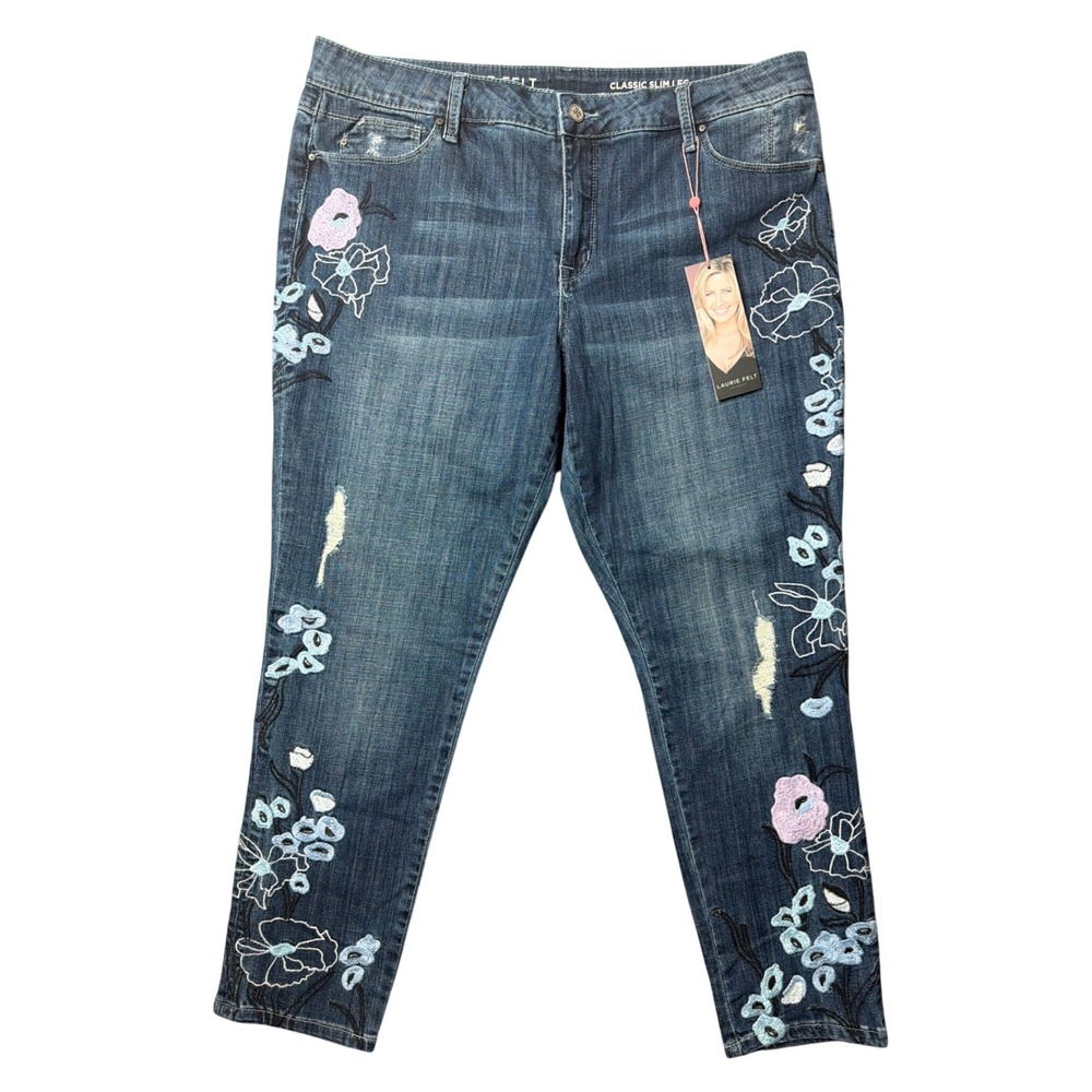 Laurie Felt Jeans Womens 14 Classic Slim Leg Blue Floral Embroidered NEW
